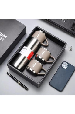 GiralStore Hediyelik 3 Bardaklı Çelik Termos Seti 500 ml. Vacuum Flask SET Karton Çantalı - SİYAH İçecek 500 ml