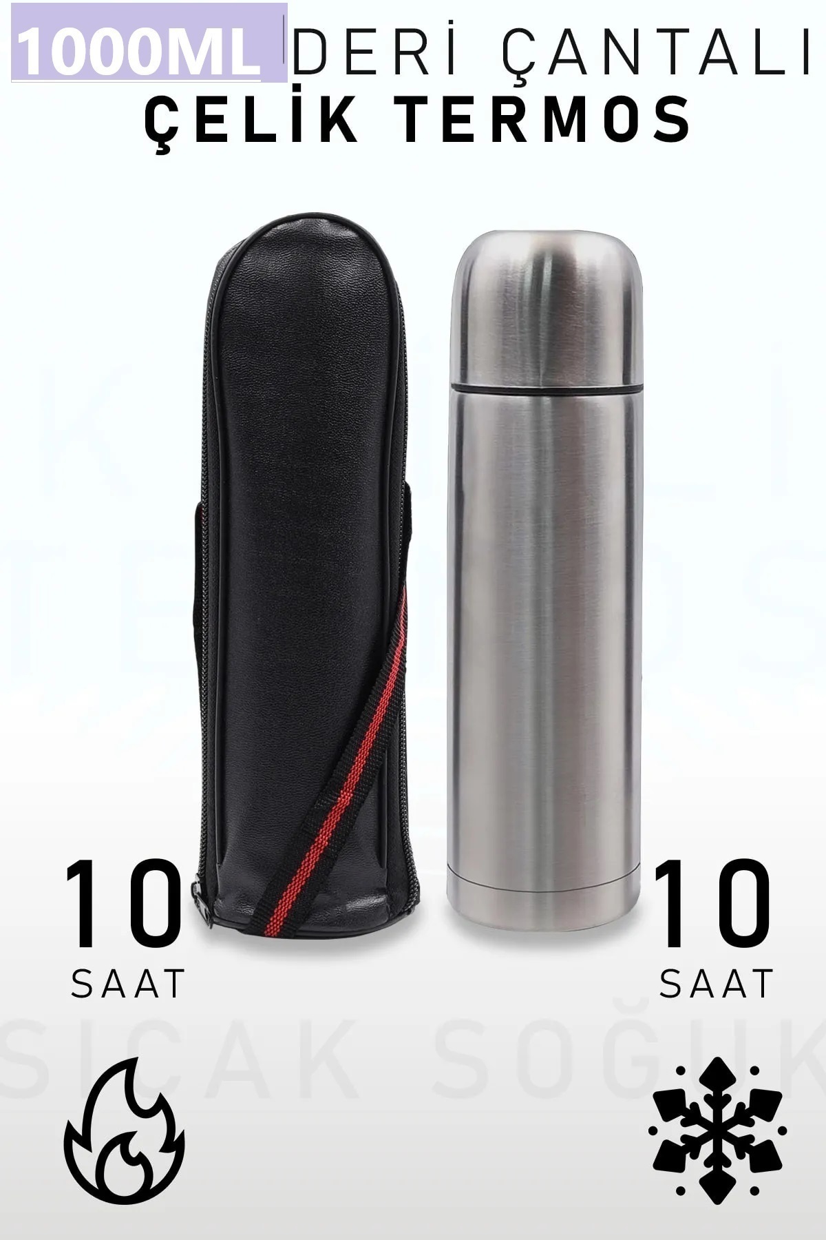 RGV Deri Çantalı Bardaklı 1 Litre Gri Paslanmaz Çelik Küçük Termos Bardak Çay Kahve