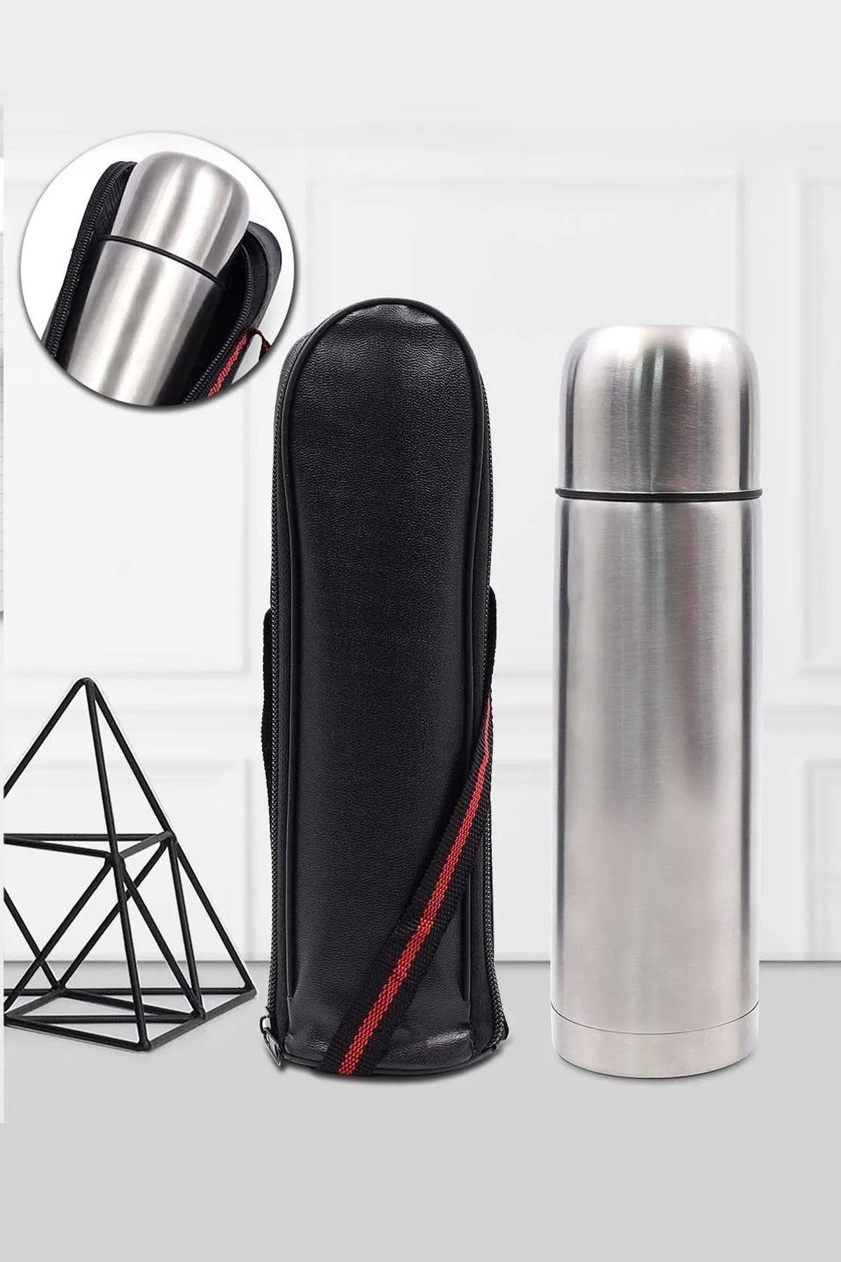 RGV Deri Çantalı Bardaklı 1 Litre Gri Paslanmaz Çelik Küçük Termos Bardak Çay Kahve - Görsel 2