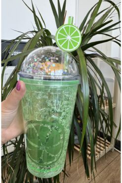 Two Two Renkli Yaz Desenli Pipetli İçecek Kupası-Yeşil Limon desenli pipetli bardak