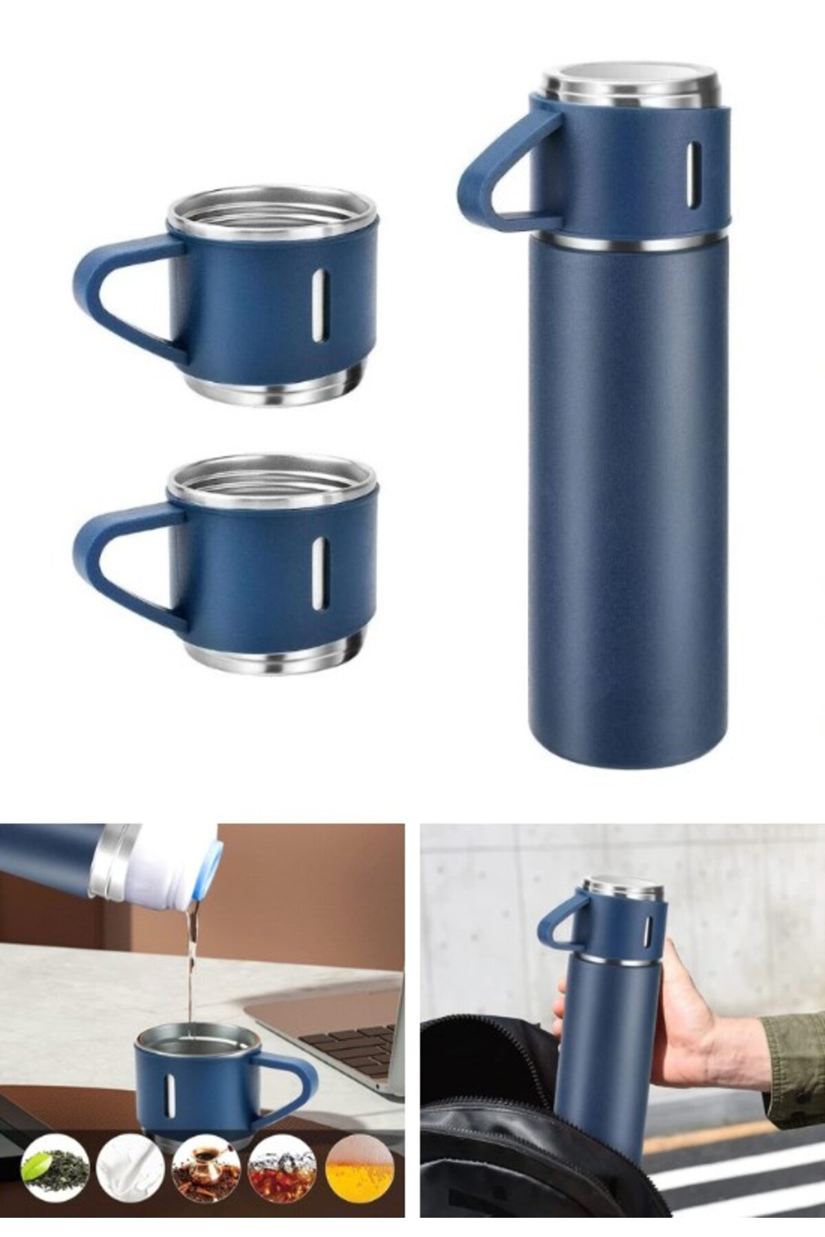 BiTon Toptan Paslanmaz Çelik Termos 3 Bardaklı Termos Seti Vakumlu Kamp Termos Set Lacivert