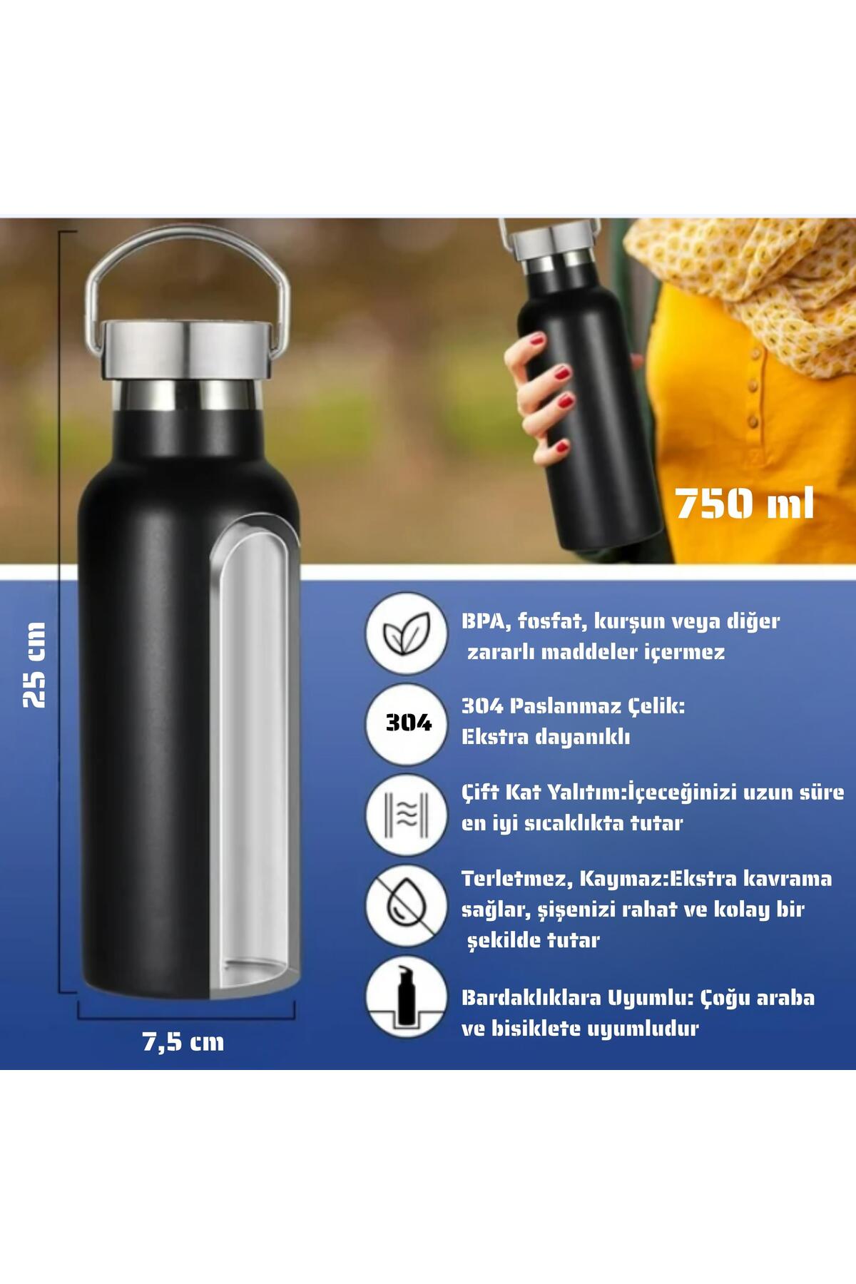 Kale Termos 750 ml Paslanmaz Çelik Tutacaklı Termos Matara -Vakumlu Sızdırmaz - Görsel 3