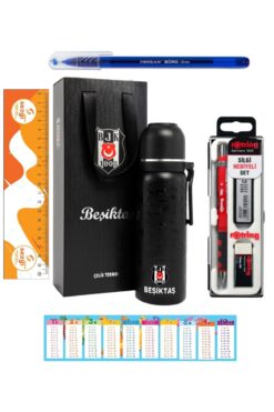 Beşiktaş Lisanslı 650ML YENİ SEZON Çelik Termos Bardaklı Kutulu ve Tikky Versatil Kırmızı Uçlu Kalem 3'Lü
