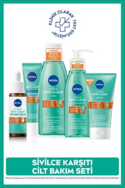 NIVEA Sivilce Karşıtı Cilt Bakım Seti, Derma Skin Clear Serum, Yüz Temizleme Jeli,Tonik,Peeling,Gece Kremi
