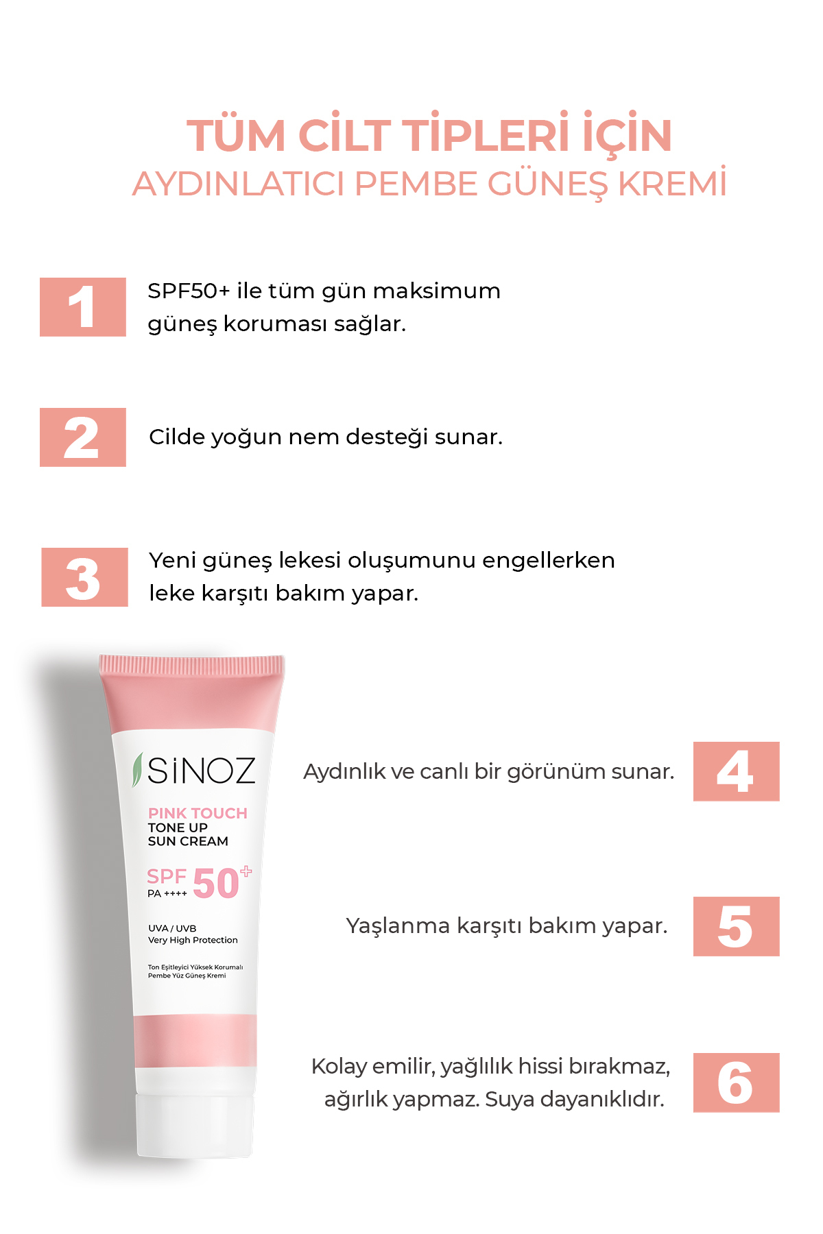 SİNOZ Pink Touch SPF50+ Cilt Aydınlık Verici Pembe Yüz Güneş Kremi 50ml-Tüm Ciltler İçin-PA++++ - Görsel 2
