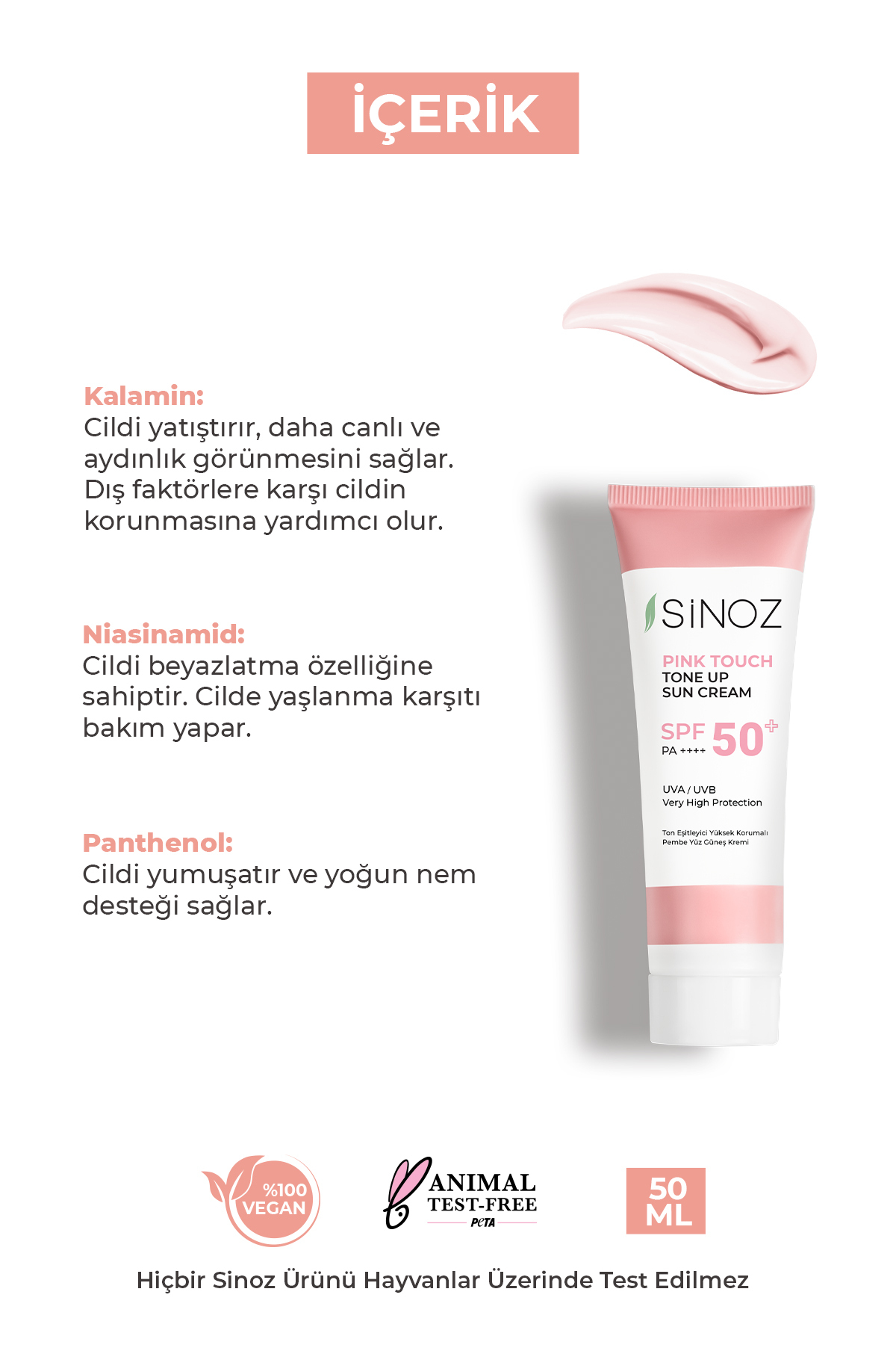 SİNOZ Pink Touch SPF50+ Cilt Aydınlık Verici Pembe Yüz Güneş Kremi 50ml-Tüm Ciltler İçin-PA++++ - Görsel 3