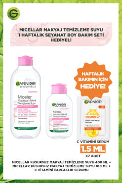 Garnier Micellar Makyaj Temizleme Suyu 400ml & Seyahat Boy 100ml & 1 Haftalık Deneme Boy Bakım Seti Hediyeli