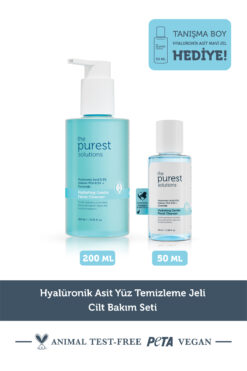 The Purest Solutions Nemlendirme Etkili Hyalüronik Asit Yüz Temizleme Jeli Cilt Bakım Seti: 200 ml + 50 ml Tanışma Boy