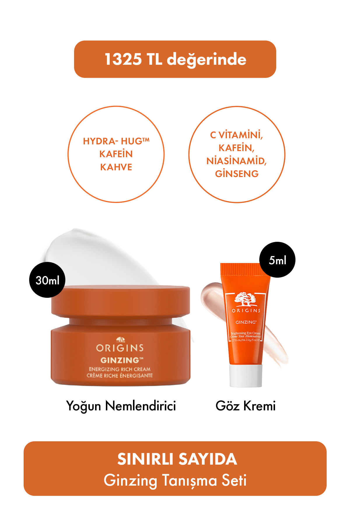 Origins GINZING™ Cilt Bakım Tanışma Seti - Nemlendirici Yüz Kremi 30ml, Göz Kremi 5ml