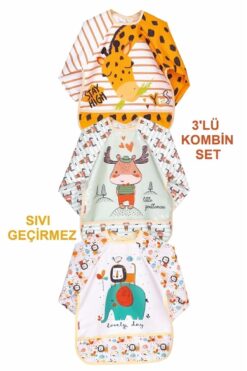 Genel Markalar BABY ENİA 3 Lü Kombin(ZÜRAFA-ASLAN-GEYİK) Set (SIVI GEÇİRMEZ) Mama Önlüğü