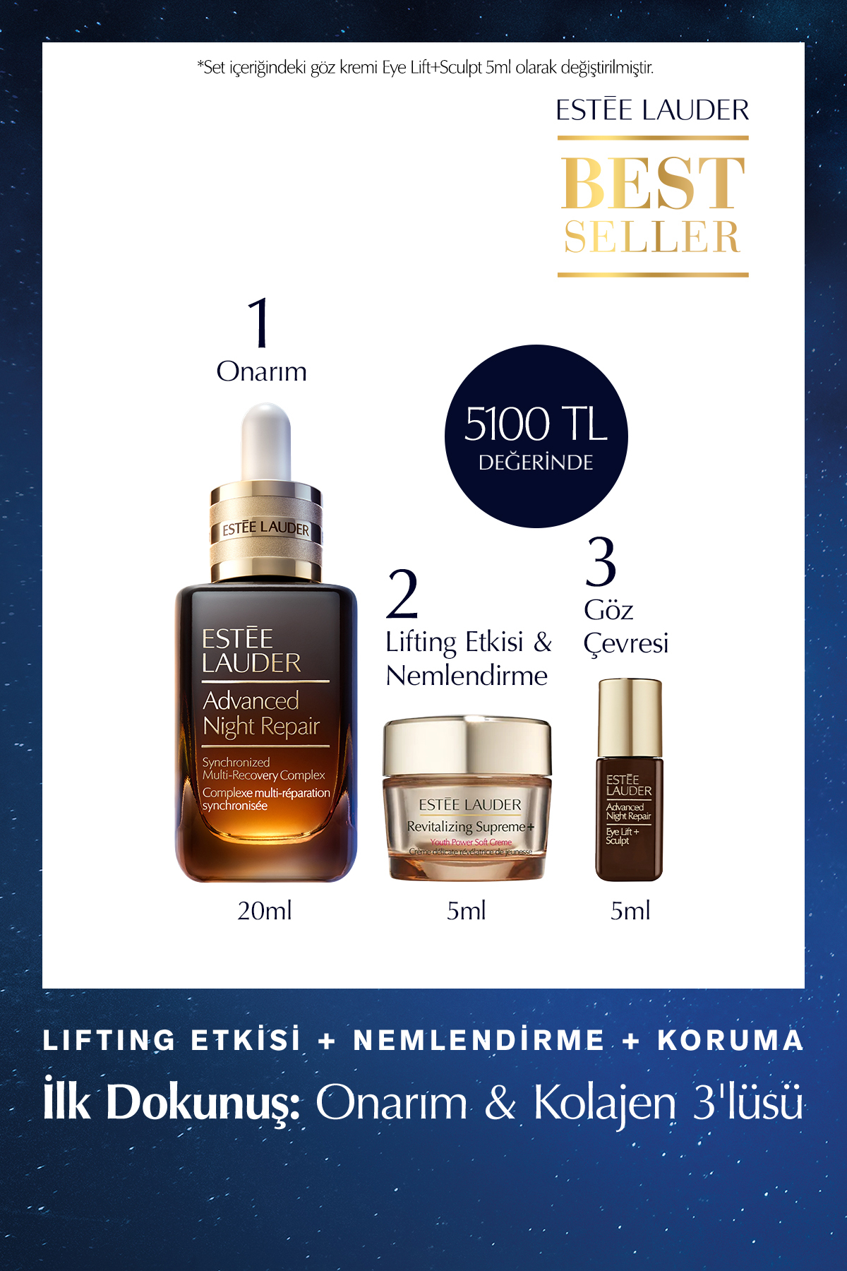 Estee Lauder Onarım & Kolajen 3'lüsü - Advanced Night Repair Serum 20ml+ Supreme Krem 5ml+ Göz Kremi 5ml