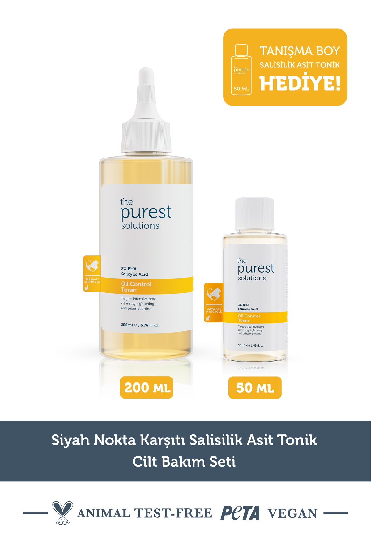 The Purest Solutions Siyah Nokta Karşıtı Salisilik Asit Tonik Cilt Bakım Seti: 200 ml + 50 ml Tanışma Boy