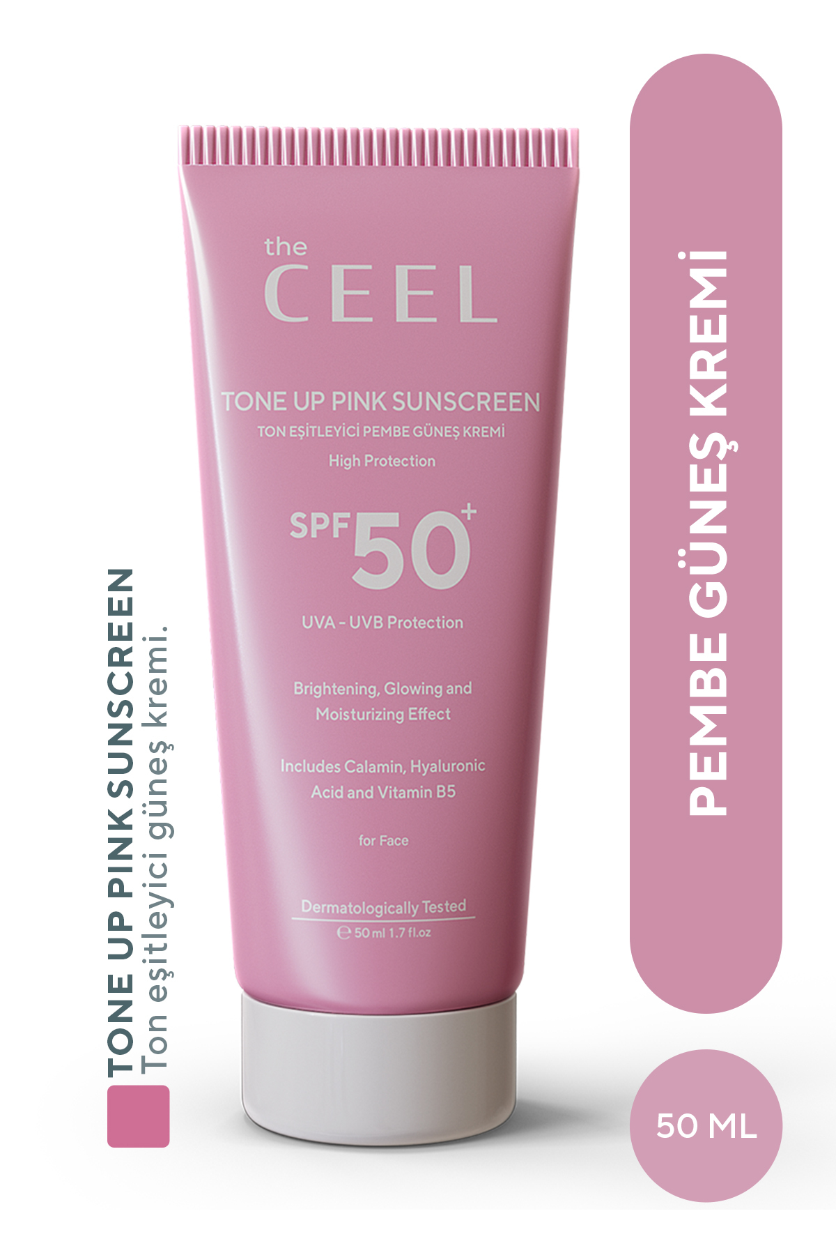 The Ceel Leke Karşıtı Ton Eşitleyen Spf 50+ Pembe Renkli Güneş Kremi Glutatyon, Hyaluronik Asit Etkili 50 ml