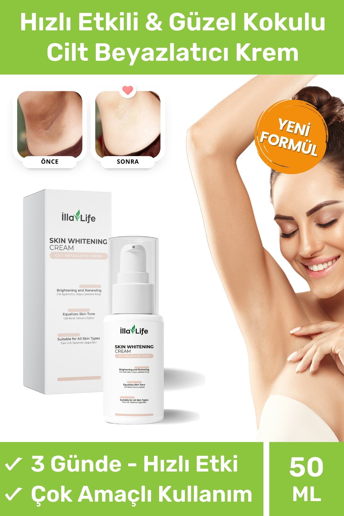 İlla Life Hızlı Etkili Kararma Karşıtı Cilt Beyazlatıcı Koltuk Altı Özel Bölge Bikini Bölgesi Beyazlatma Kremi