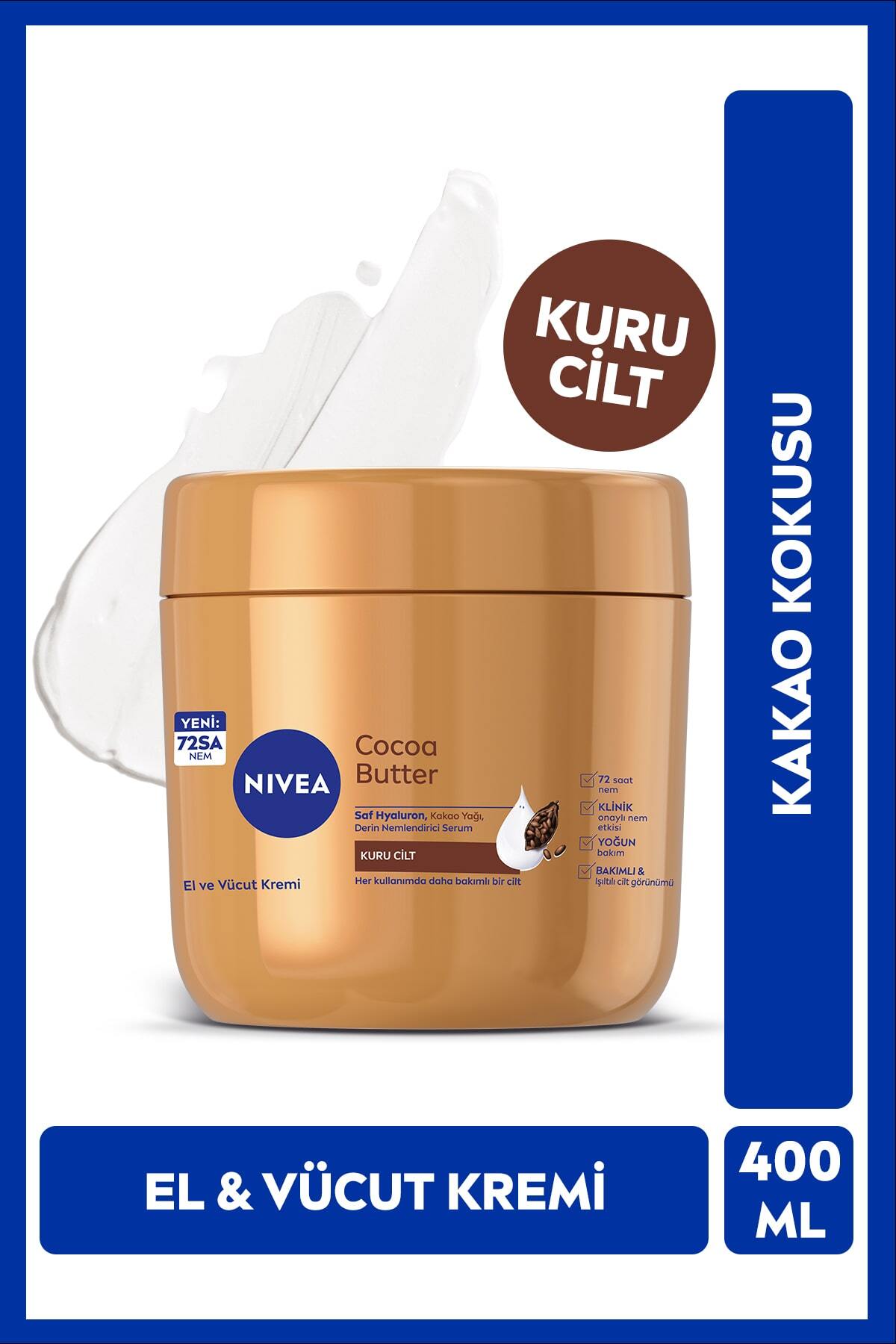 NIVEA Cocoa Butter El Ve Vücut Bakım Kremi 400ml, Kuru Ciltler için 72 Saat Nemlendirici, Saf Hyaluron