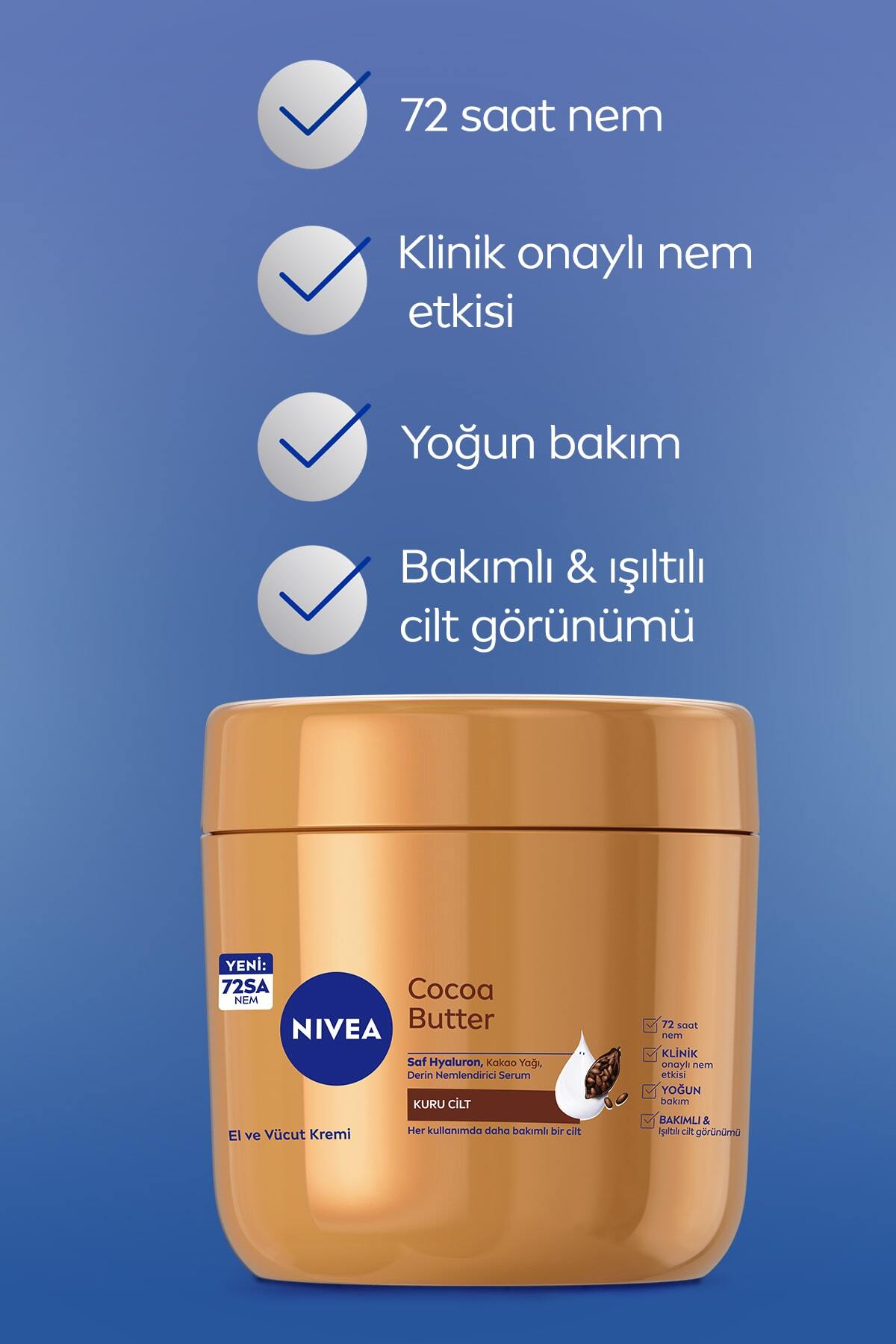 NIVEA Cocoa Butter El Ve Vücut Bakım Kremi 400ml, Kuru Ciltler için 72 Saat Nemlendirici, Saf Hyaluron - Görsel 2
