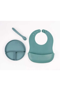 Genel Markalar Yeşil 3’Lü Silikon Yemek Seti – Önlük + Diş Kaşıyıcılı Kaşık + Vakumlu Tabak