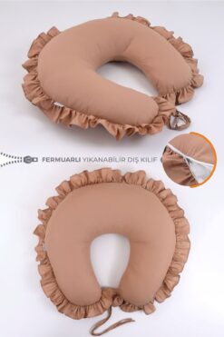 Umaybebek Emzirme Yastığı Minderi - %100 Pamuk - Kahve Fırfırlı