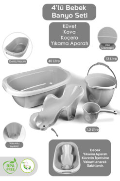 Meleni Baby 4'lü Bebek Banyo Seti - Bebek Yıkama Küveti - Vakumlu Yıkama Aparatı - Su Kovası - Maşrapa - Gri