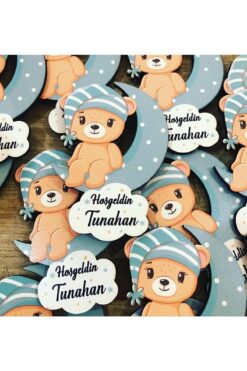 TUDESA DESIGN Ay Üstünde Oturan Erkek Ayıcık Ahşap Baskı Magnet 20 Adet