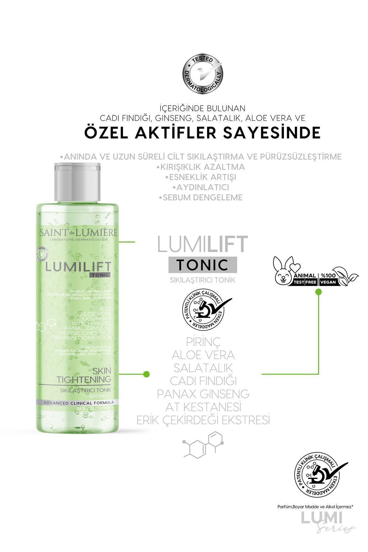 SAINT DE LUMIERE LUMILIFT Canlandırıcı, Gözenek Sıkılaştırıcı, Kırışıklık, Siyah Nokta ve Leke Karşıtı, Tonik 200ml - Görsel 2