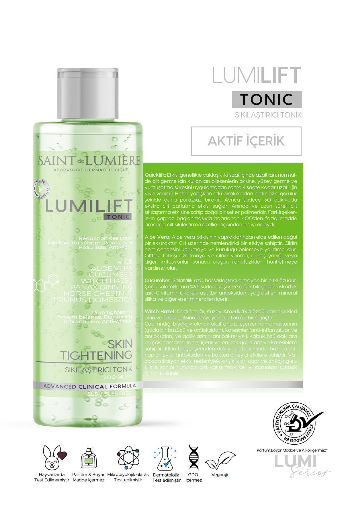 SAINT DE LUMIERE LUMILIFT Canlandırıcı, Gözenek Sıkılaştırıcı, Kırışıklık, Siyah Nokta ve Leke Karşıtı, Tonik 200ml - Görsel 3