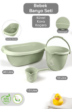 Meleni Baby 3’lü Bebek Banyo Seti - Bebek Yıkama Küveti - Su Kovası - Maşrapa - Yeşil