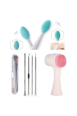 HaLVeY Peeling Fırçası + 4 Parça Kutulu Paslanmaz Çelik Komedon + Çift Taraflı Yüz Temizleme Fırçası