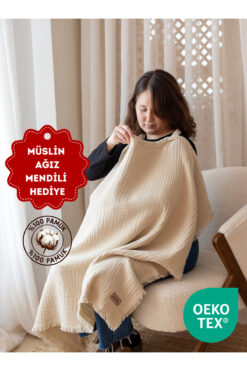 ZEYPBA Bej 4 Katlı Müslin Emzirme Örtüsü & Puset Örtüsü Püsküllü