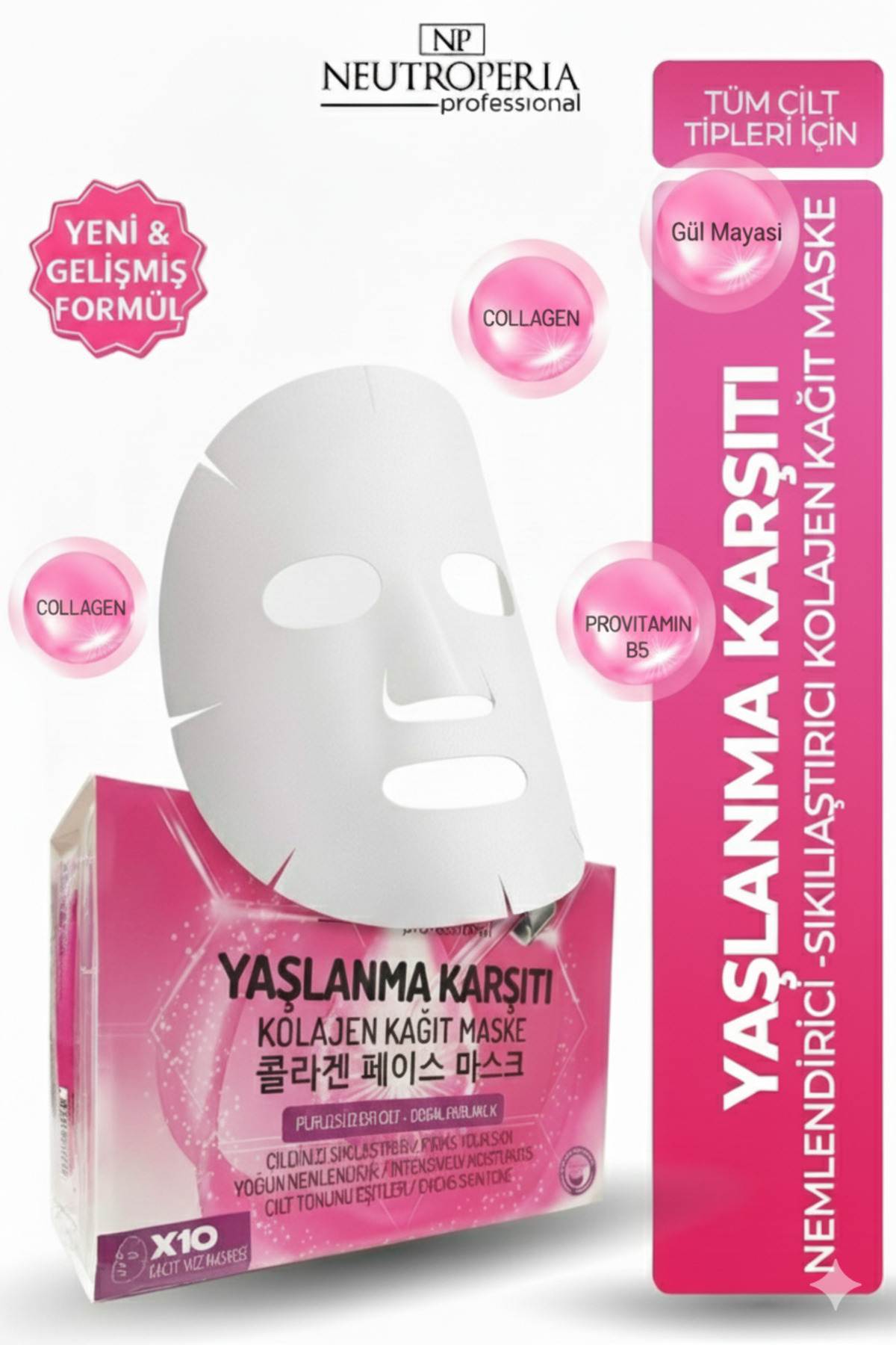 NP Neutroperia Professional Nem Bombası & Işıltılı Cilt Gül Mayası & Kolojen Kağıt Maske Gençlik Sırrı 10 adet