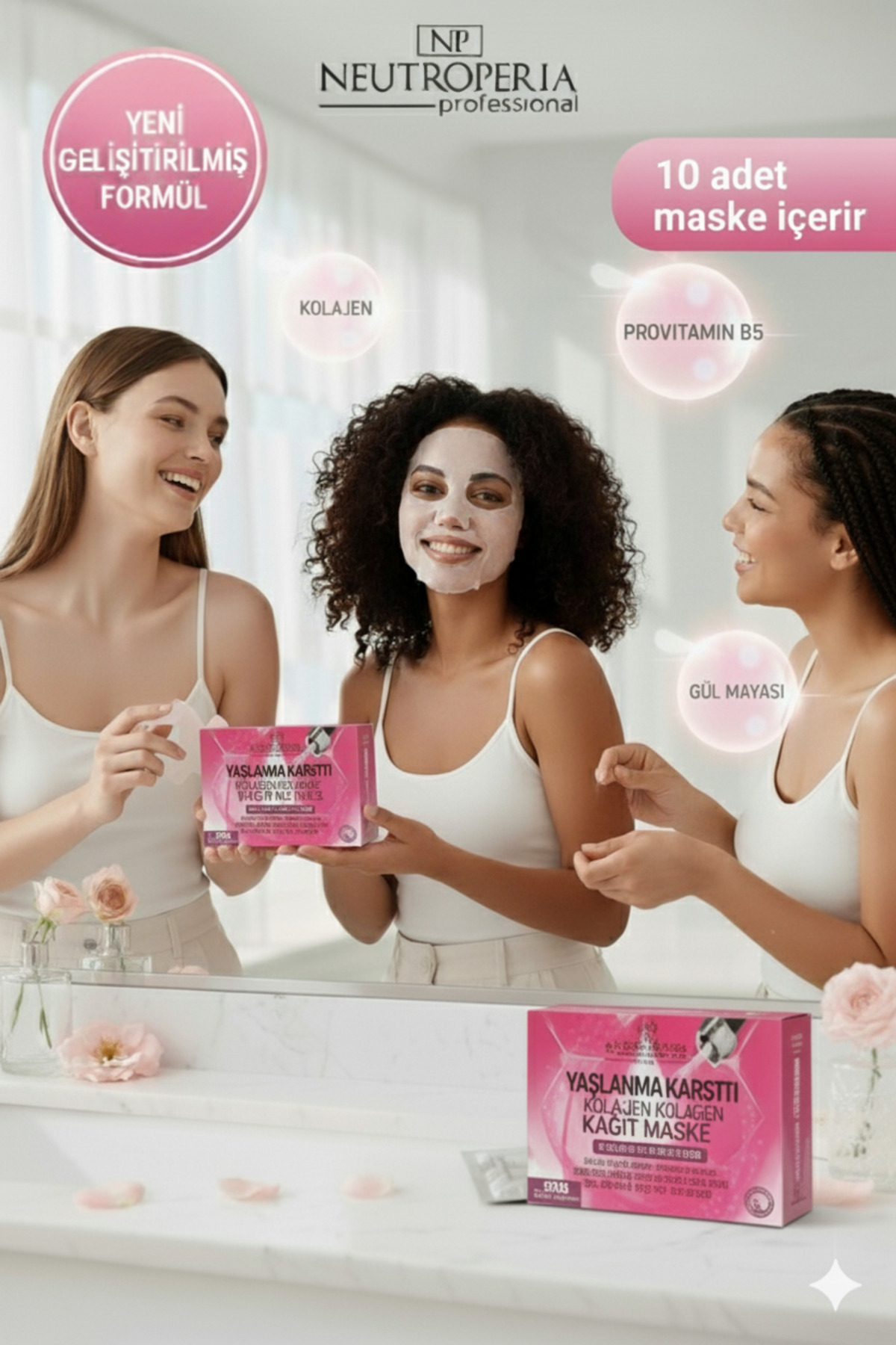 NP Neutroperia Professional Nem Bombası & Işıltılı Cilt Gül Mayası & Kolojen Kağıt Maske Gençlik Sırrı 10 adet - Görsel 2