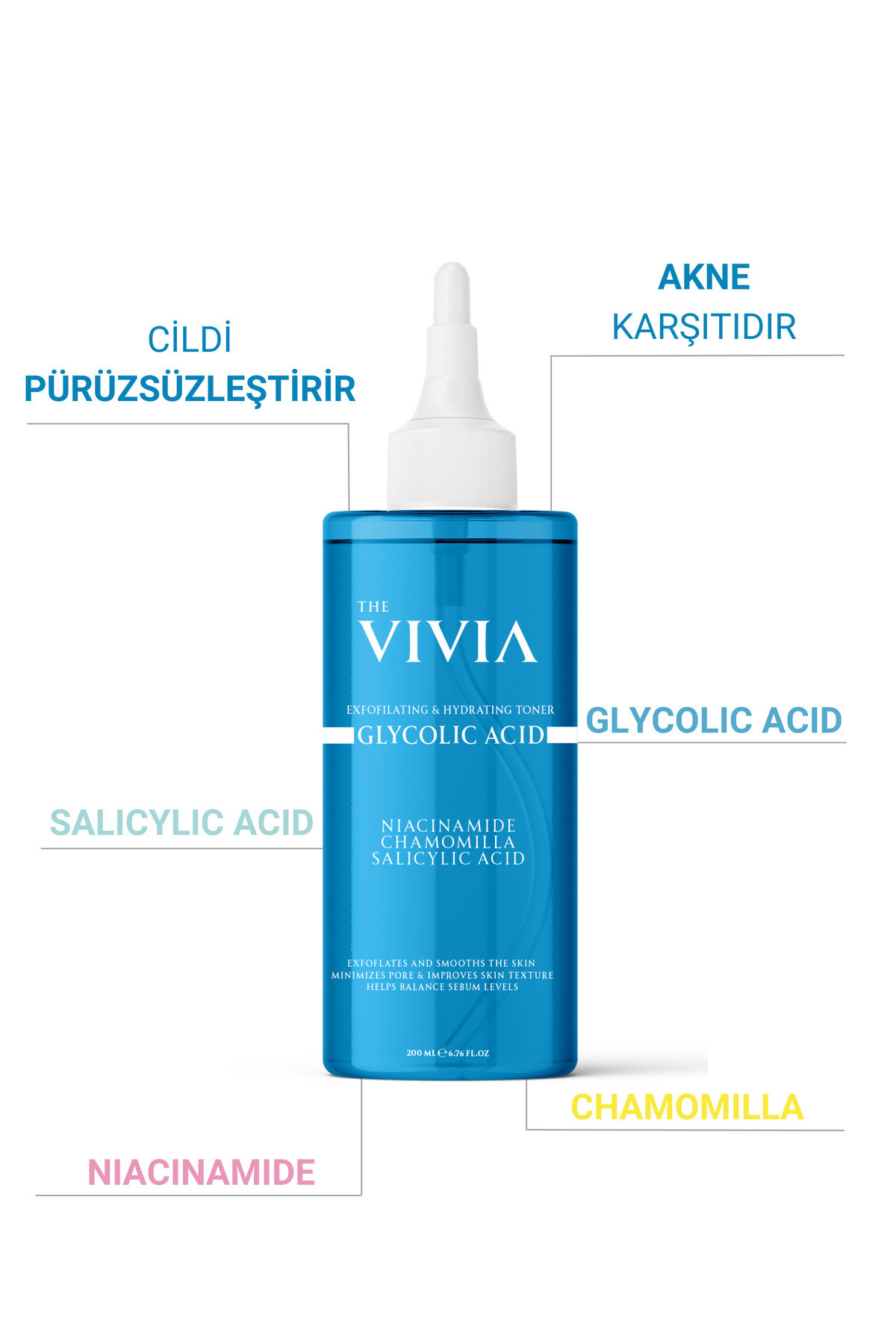 The Vivia Canlandırıcı, Gözenek Sıkılaştırıcı ve Leke Karşıtı Glikolik Asit Tonik Tüm Cilt Tipleri 200 ml - Görsel 3