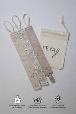 Feya Vika 3'lü Nokta, Papatya Desenli & Düz Pamuklu Yıkanabilir Emzik Askısı - Bej, Taş Rengi