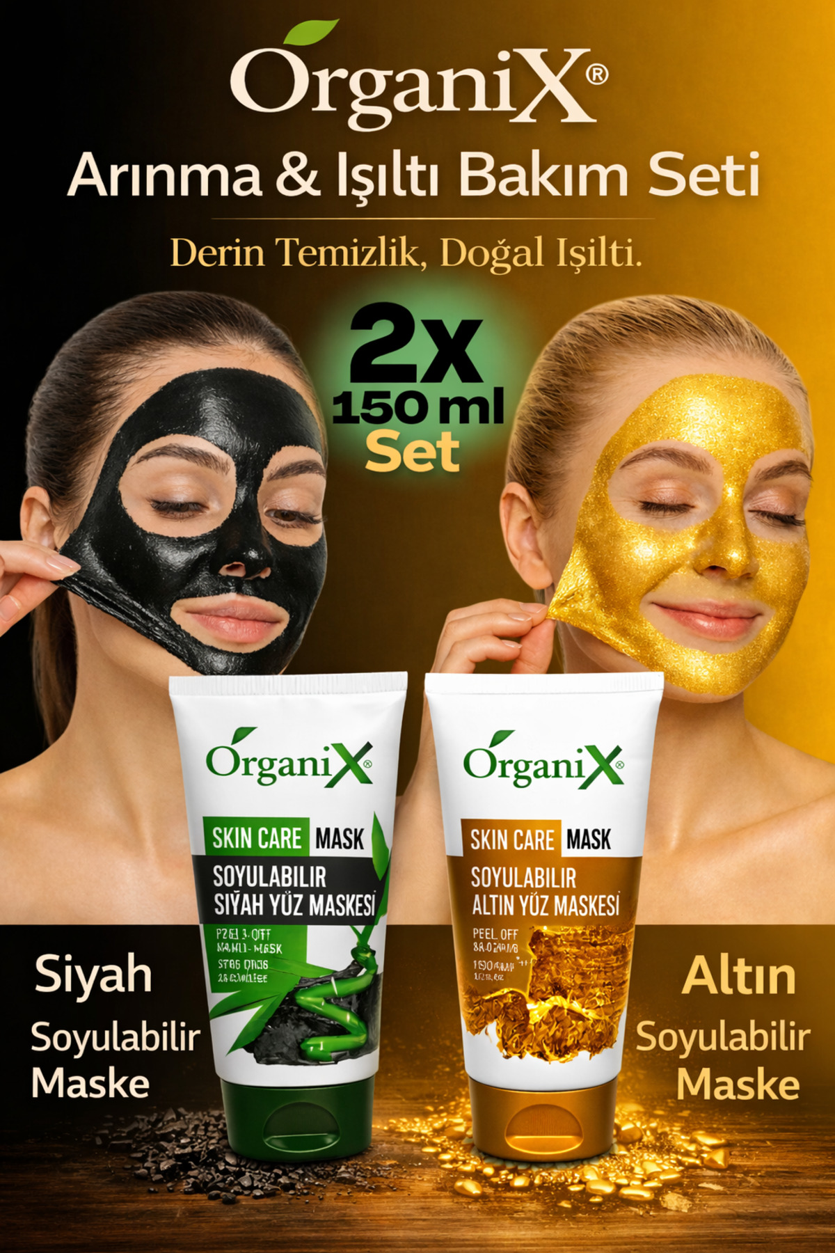 Organix Soyulabilir Yüz Maskesi | Siyah & Altın | Siyah Nokta ve Derinlemesine Temizlik (2x150ml)