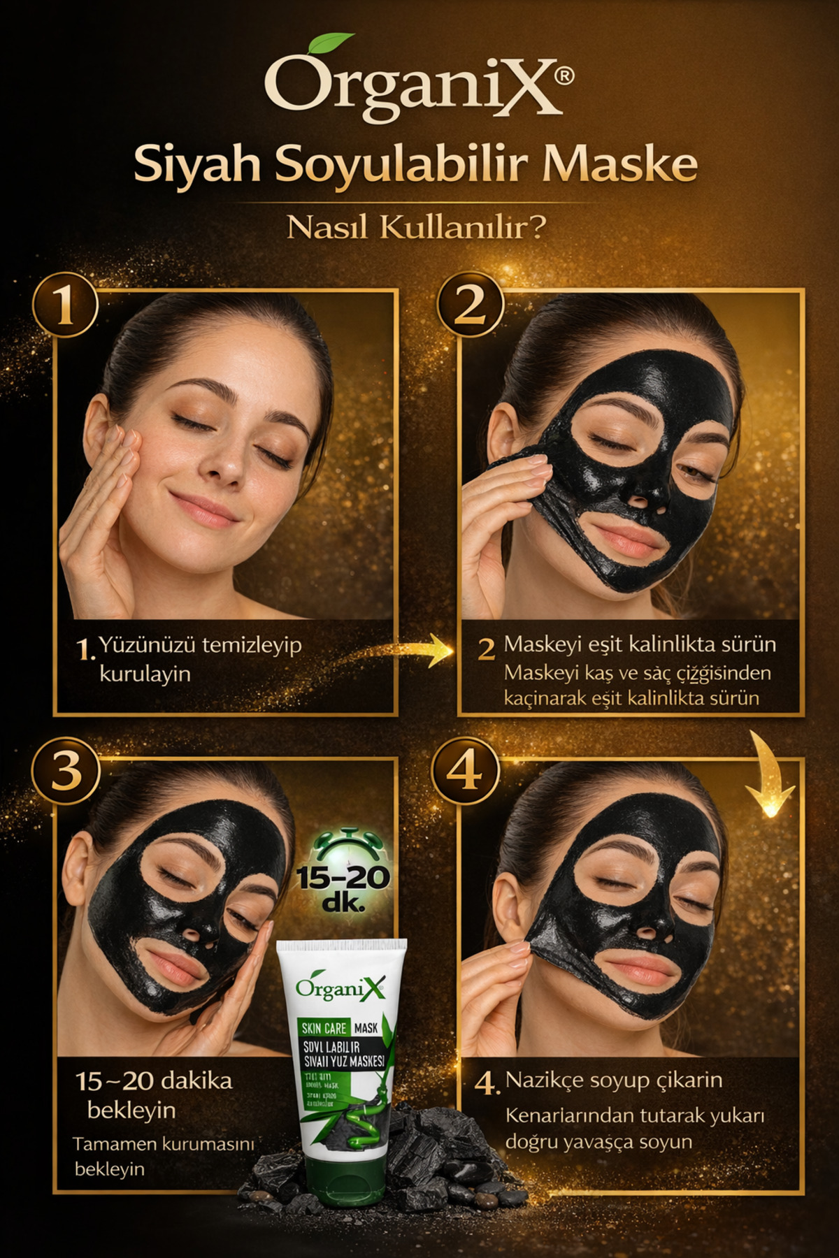 Organix Soyulabilir Yüz Maskesi | Siyah & Altın | Siyah Nokta ve Derinlemesine Temizlik (2x150ml) - Görsel 2