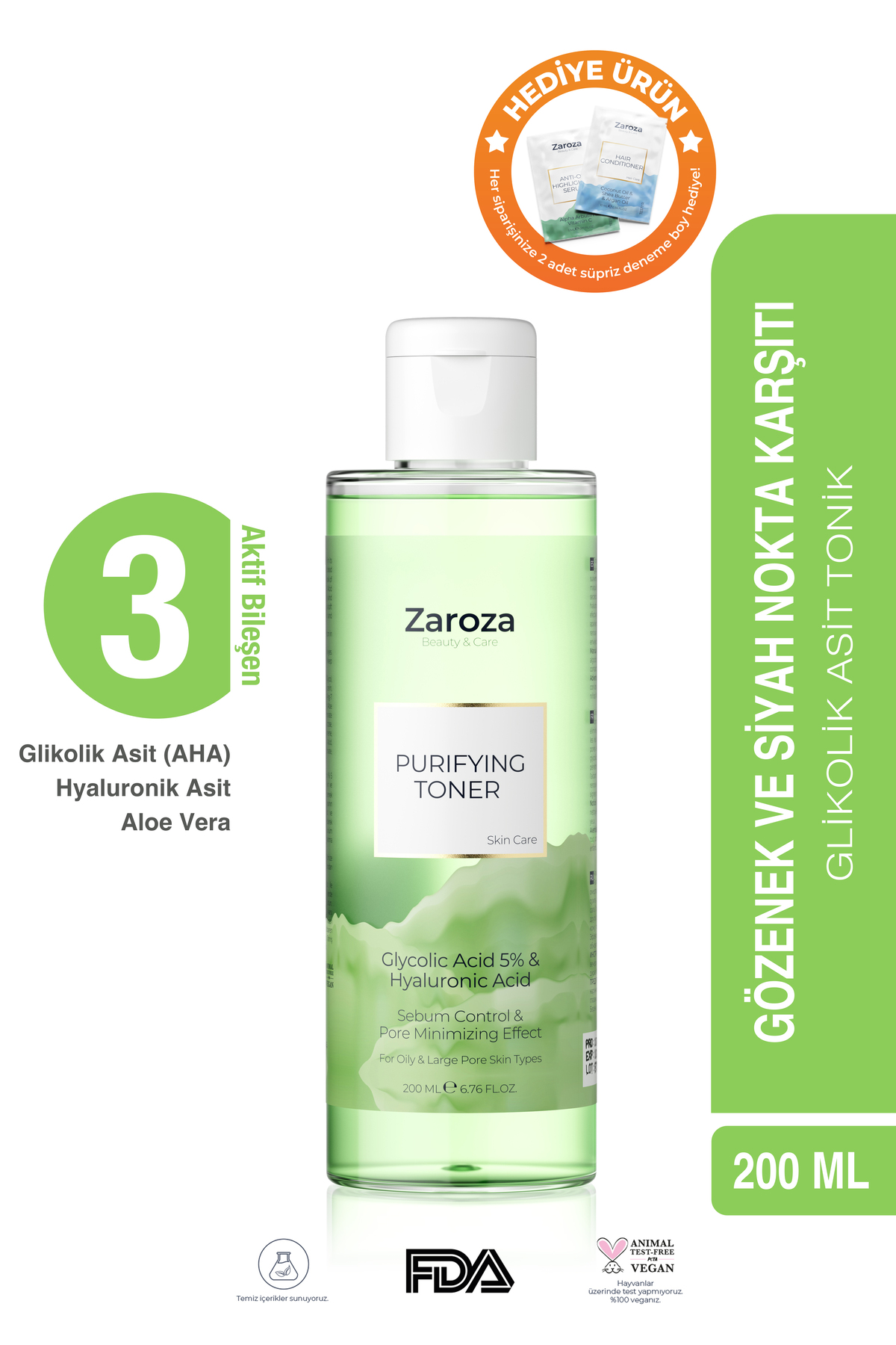 ZAROZA Yeşil Tonik | Arındırıcı Gözenek Sıkılaştırıcı Glikolik Asit Tonik - Purifying Toner 200 ml