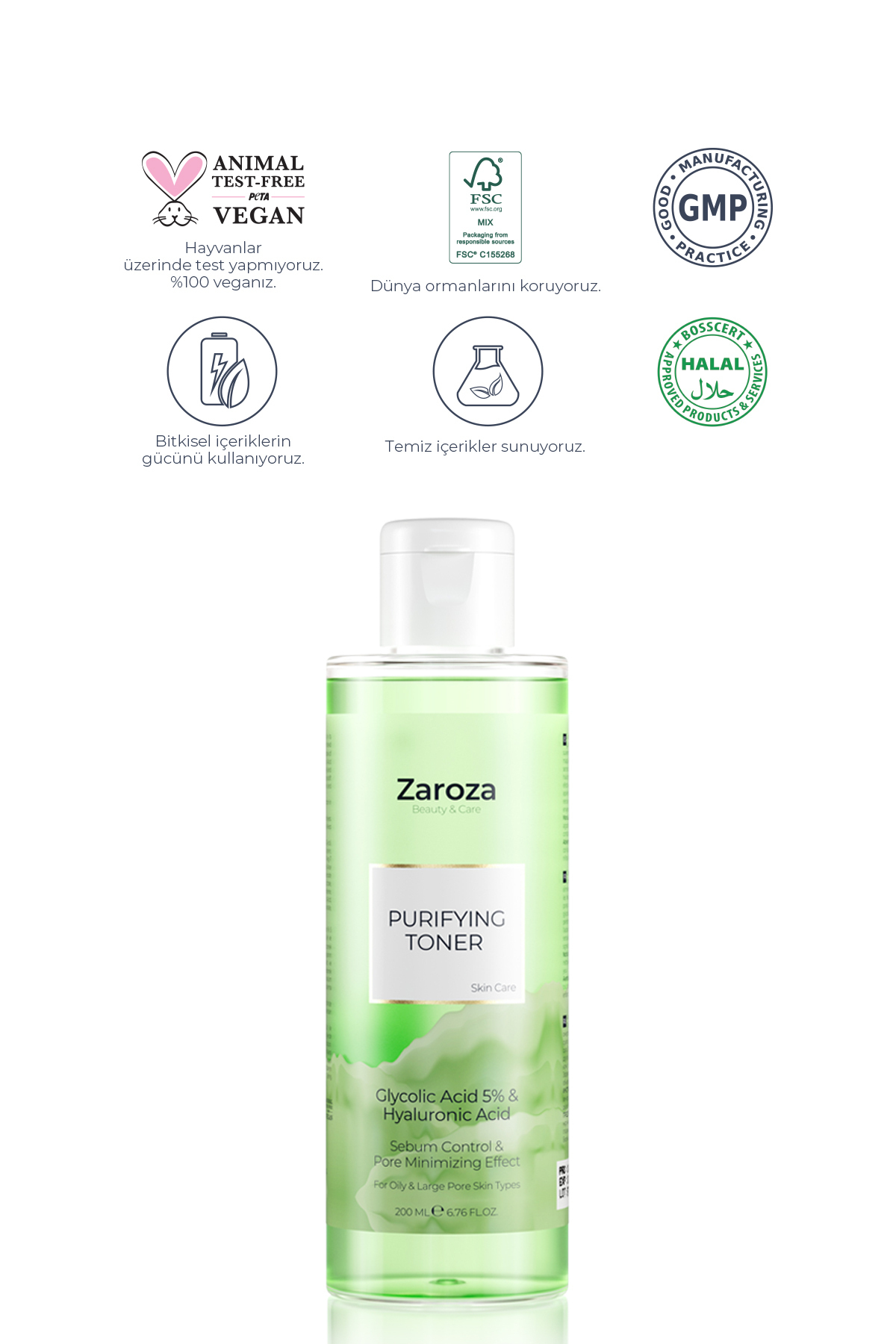 ZAROZA Yeşil Tonik | Arındırıcı Gözenek Sıkılaştırıcı Glikolik Asit Tonik - Purifying Toner 200 ml - Görsel 2
