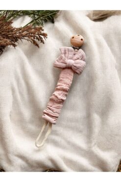 The Cloudish Shop Bebek Pamuk Müslin Fiyonklu emzik askısı ahşap kancalı - Bej Kahve