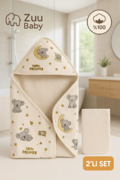 Zuu Baby %100 Pamuk Kapüşonlu Bebek Havlusu + Bebek Lifi 2’li Banyo Seti