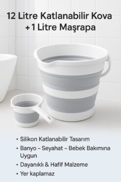 Sepetkitchen Gri Katlanır Su Kovası Ve Maşrapa