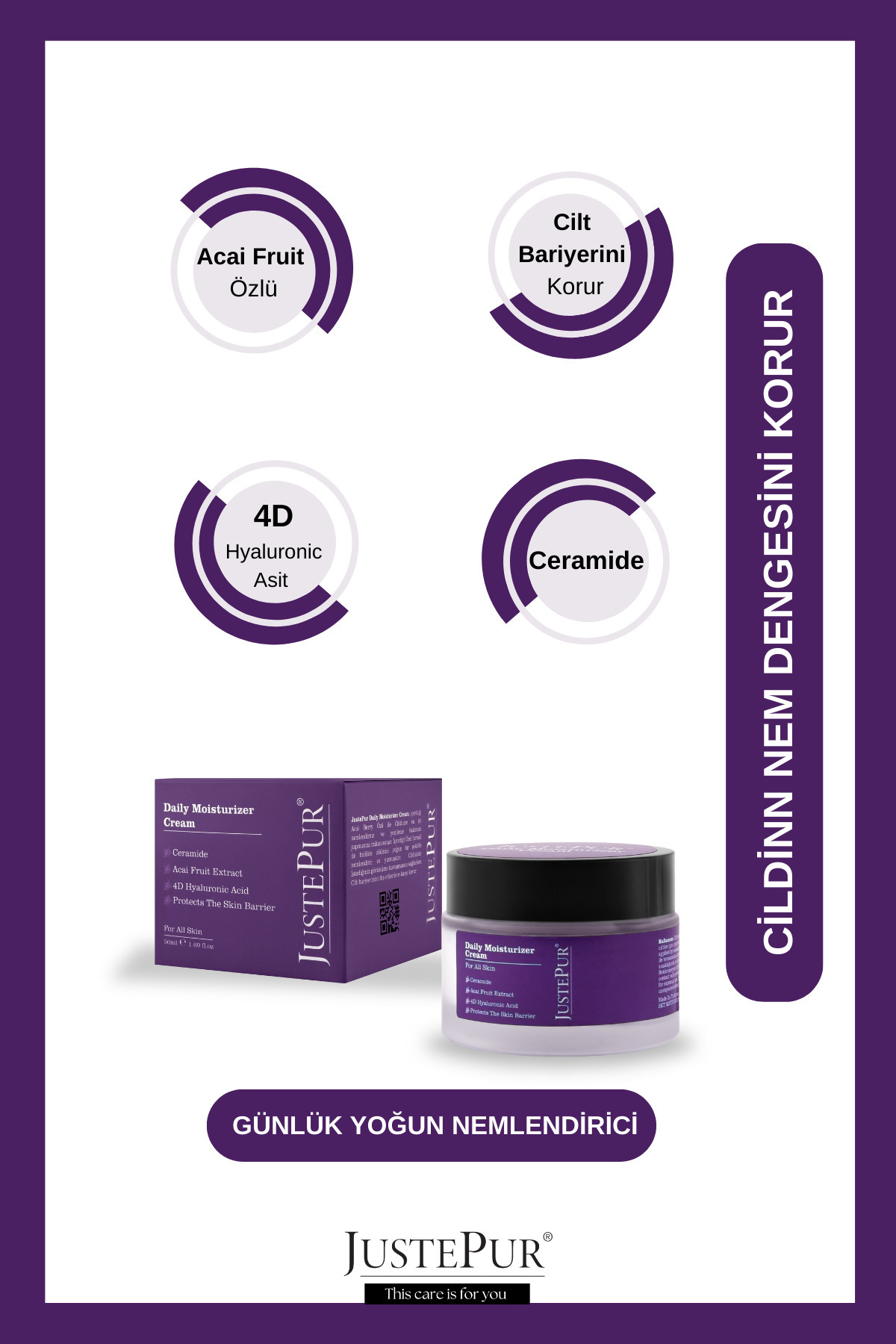 JUSTEPUR Acai Berry Özlü Günlük Yoğun Yüz Nemlendirici Krem Aydınlatıcı Yenileyici Su Bazlı Tüm Ciltler 50 ml - Görsel 2