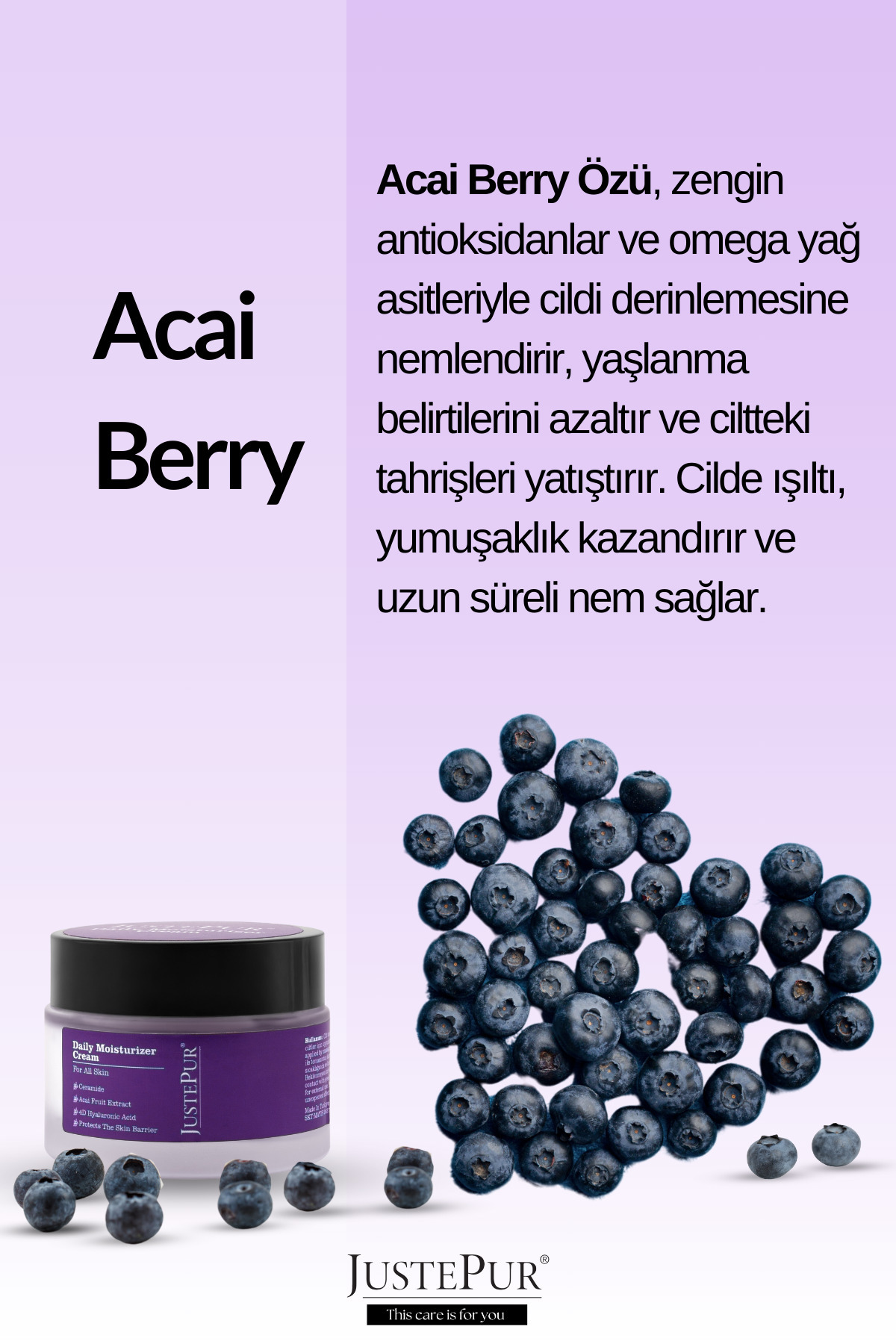 JUSTEPUR Acai Berry Özlü Günlük Yoğun Yüz Nemlendirici Krem Aydınlatıcı Yenileyici Su Bazlı Tüm Ciltler 50 ml - Görsel 3