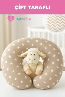 Babynest Emzirme Yastığı Ve Destek Minderi Krem Yıldız Ve Krem Zikzak (BEYAZ BİYELİ)