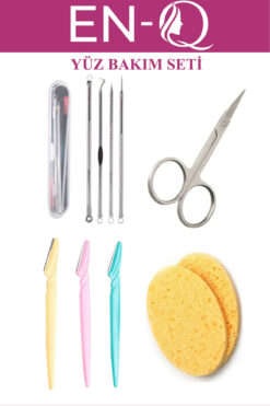 ENQ 4'Lü Yüz Bakım Seti - Kaş Usturası, Kaş Bıyık Makası,4lü Komedon ve Yüz Yıkama Süngeri
