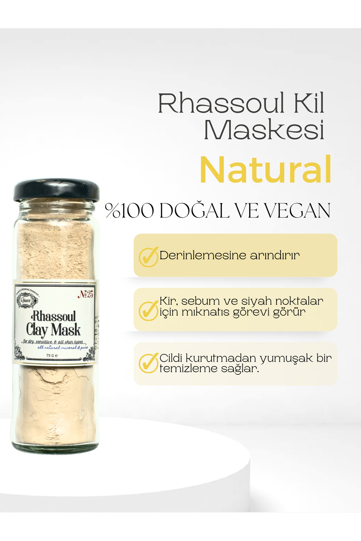 Rosece Rhassoul Kil Maskesi | Kuru, Hassas Ve Tüm Ciltler %100 Doğal Siyah Nokta Sivilce Karşıtı 75 gr