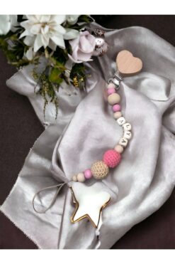 My Kids Room Doğal Ahşap Emzik Zinciri - Isimli Emzik Askısı Ahşap Emzik Zinciri Emzik Tutucu