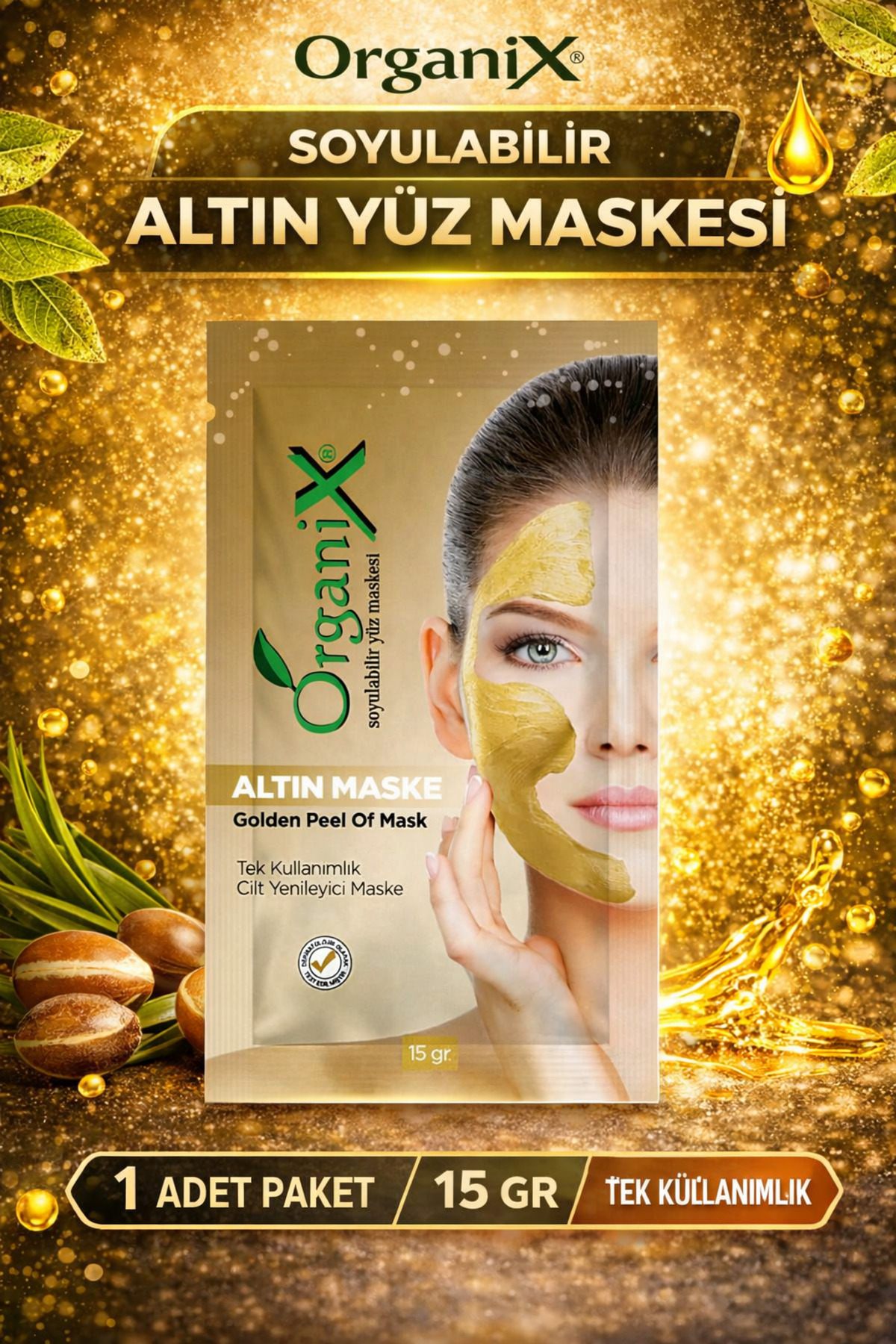 Organix Tek Kullanımlık Altın Maske - Cilt Yenileyici Soyulabilir Yüz Maskesi 15 gr