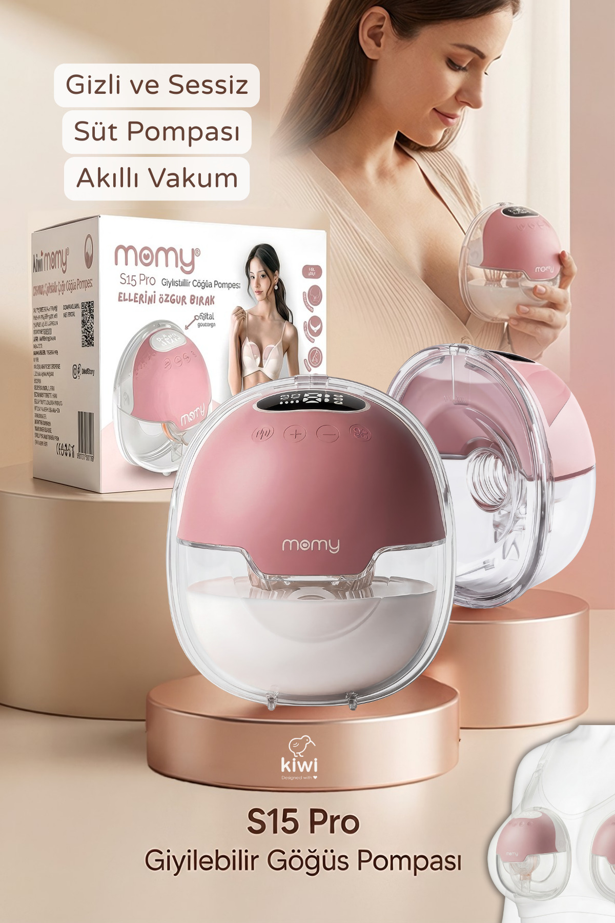 Kiwi Momy S15 Pro Süt Artıran Giyilebilir Göğüs Pompası, Ultra Sessiz - Gizli, 4 Mod 12 Seviye, LED Panel