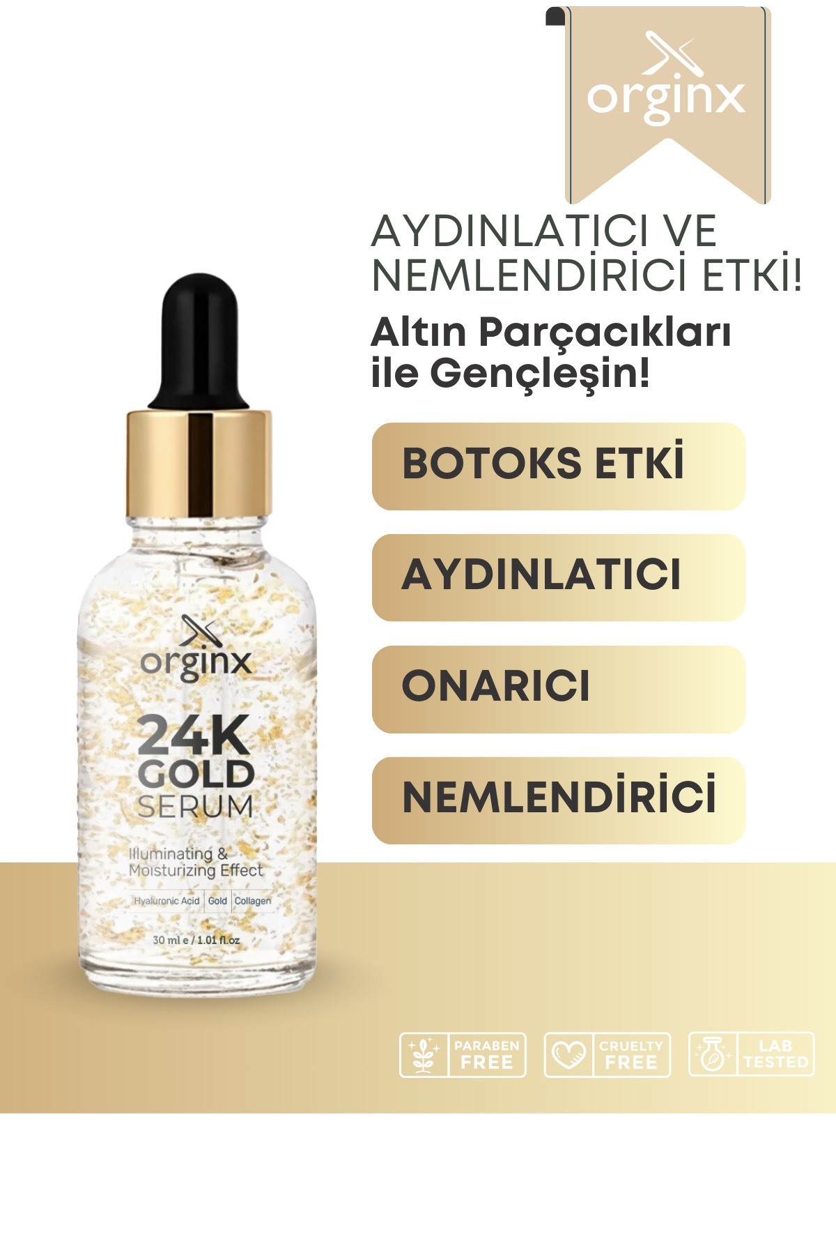 Orginx 24k Altın Parçacıklı Hyaluronik Asit Içeren Kırışıklık Karşıtı Kolajen Cilt Bakım Serum 30 ml