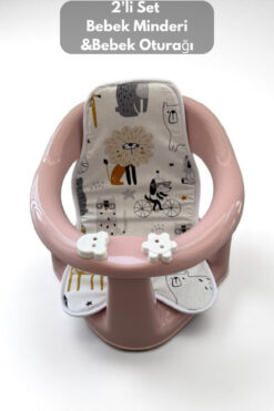 PONÇİK STORE 2'li Bebek Banyo Oturağı Ve Minder Set- Vakum Taban Mama Oturağı, Oturak Minderi Pembe MinderHediye